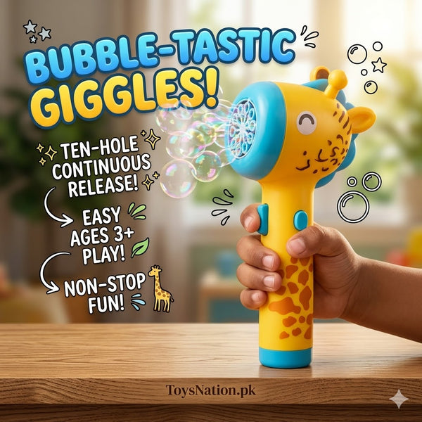 Bubble Blast Giraffe Bubble Gun – 10-Hole Automatic Bubble Maker with Lights & Sounds for Kids