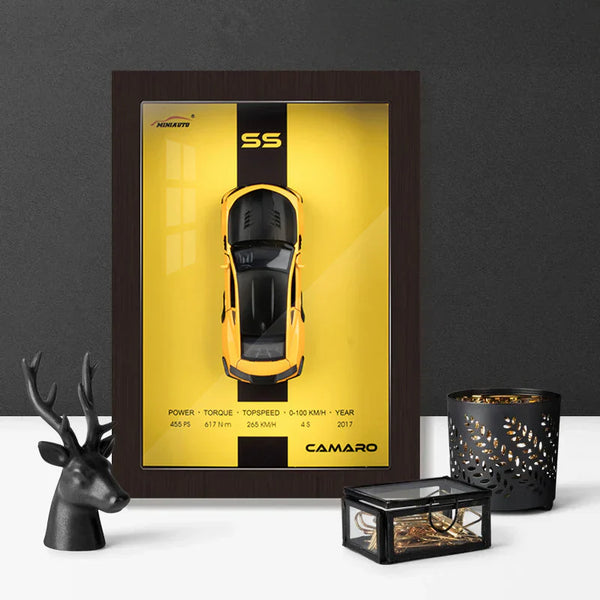 1:32 Scale Chevrolet Camaro Die-Cast Model - Muscle Car with 3D Wooden Frame Display