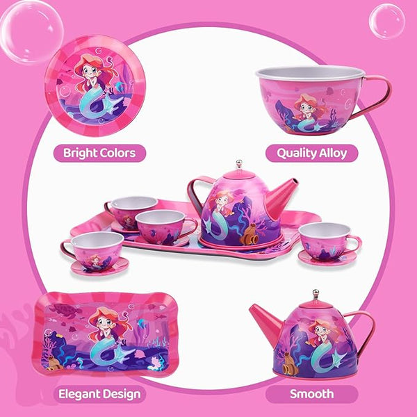14-Piece Princess Metal Tea Set - Pretend Play Tea Party Set for Kids