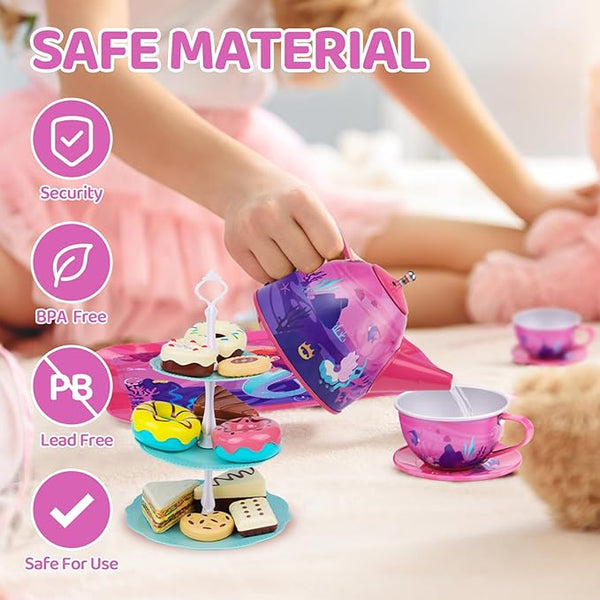14-Piece Princess Metal Tea Set - Pretend Play Tea Party Set for Kids