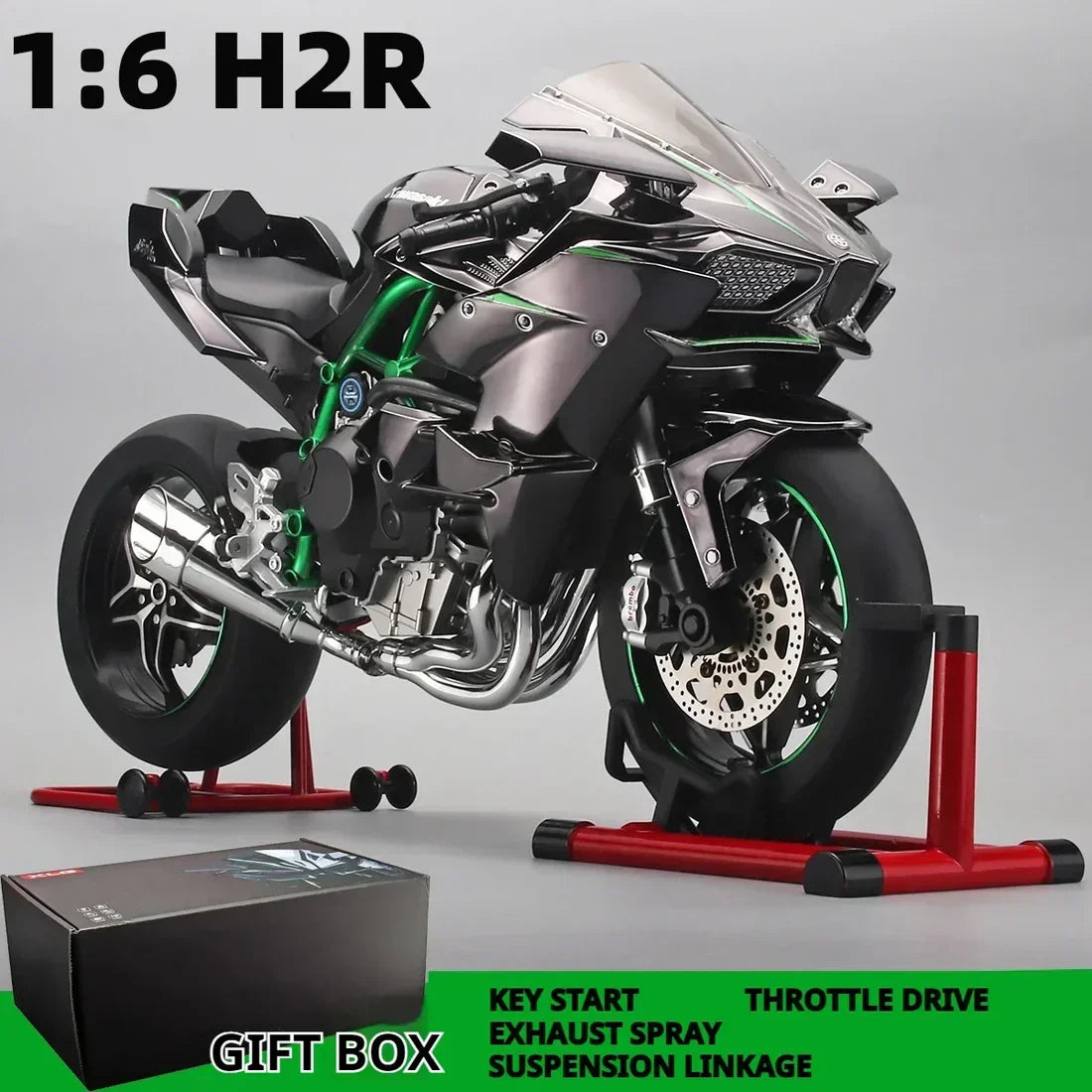 1:6 Scale Kawasaki Ninja H2R Die-Cast Motorcycle - Alloy with Smoke Effect & Lights