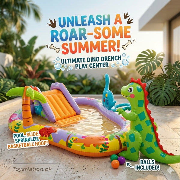 Dinosaur Splash & Slide Inflatable Play Center | Water Park with Dino Sprinkler & Palm Tree for Kids