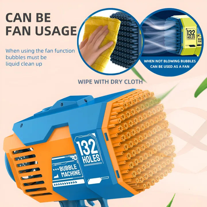 132-Hole Rechargeable Bubble Gun - Rocket Design with LED Lights & Colorful Bubbles