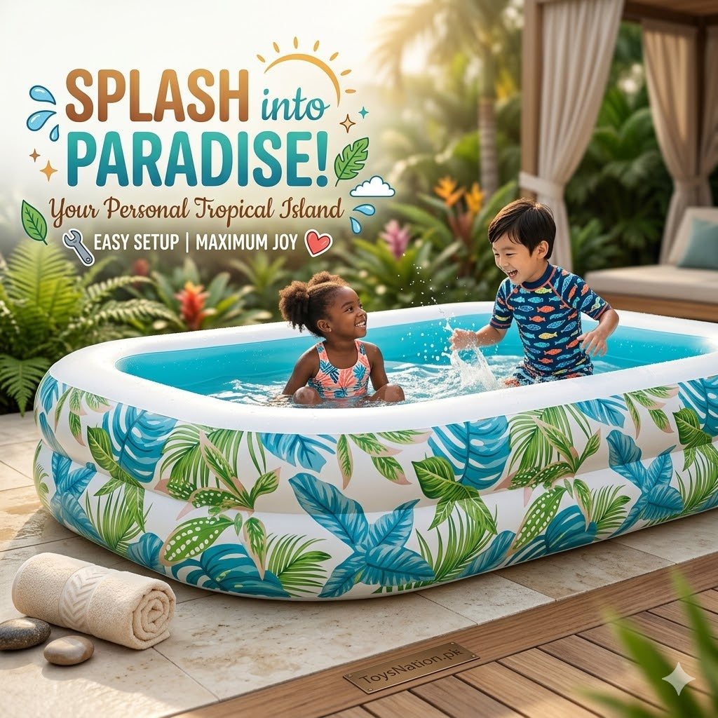 Tropical Oasis Large Inflatable Family Pool | Monstera Leaf Print Rectangular Swim Center for Kids & Adults