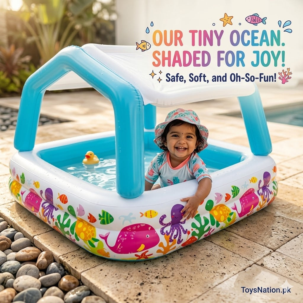 Ocean World Square Inflatable Baby Pool | Sun Shade Canopy with Sea Life Print for Babies & Toddlers