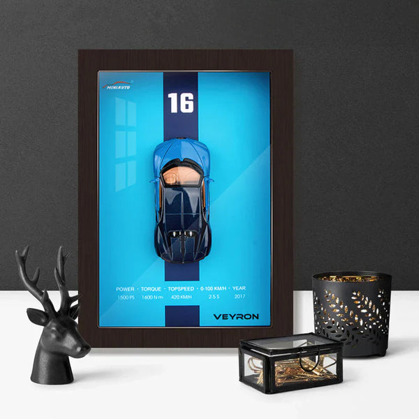 1:32 Scale Bugatti Die-Cast Model Car - Hypercar with 3D Wooden Frame Display