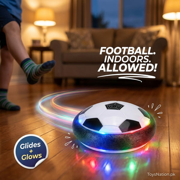 LED hover soccer ball gliding on living room floor - indoor air football for kids - ToysNation.pk