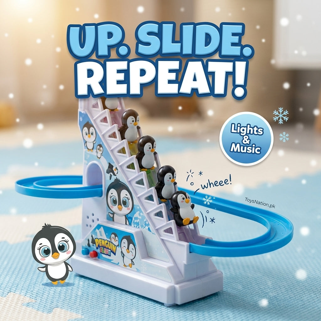 Penguin stair climbing slide track toy with lights and music in kids playroom - ToysNation.pk Main image