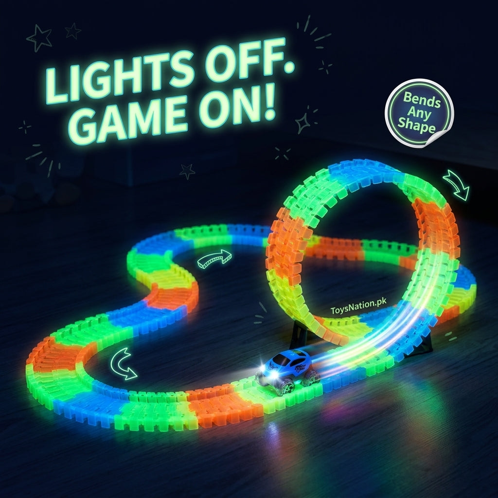 Glow in the dark flexible race track with loop and LED car - lights off racing - ToysNation.pk