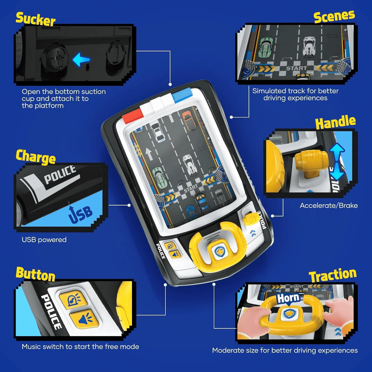 Police Car Steering Wheel Toy - Interactive Driving Game with Lights & Sounds