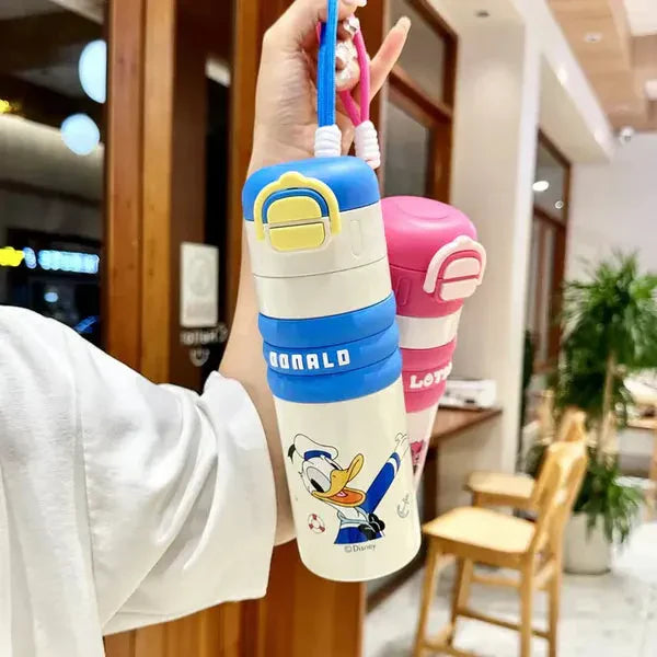Cartoon Character Kids Water Bottle With Straw Strap