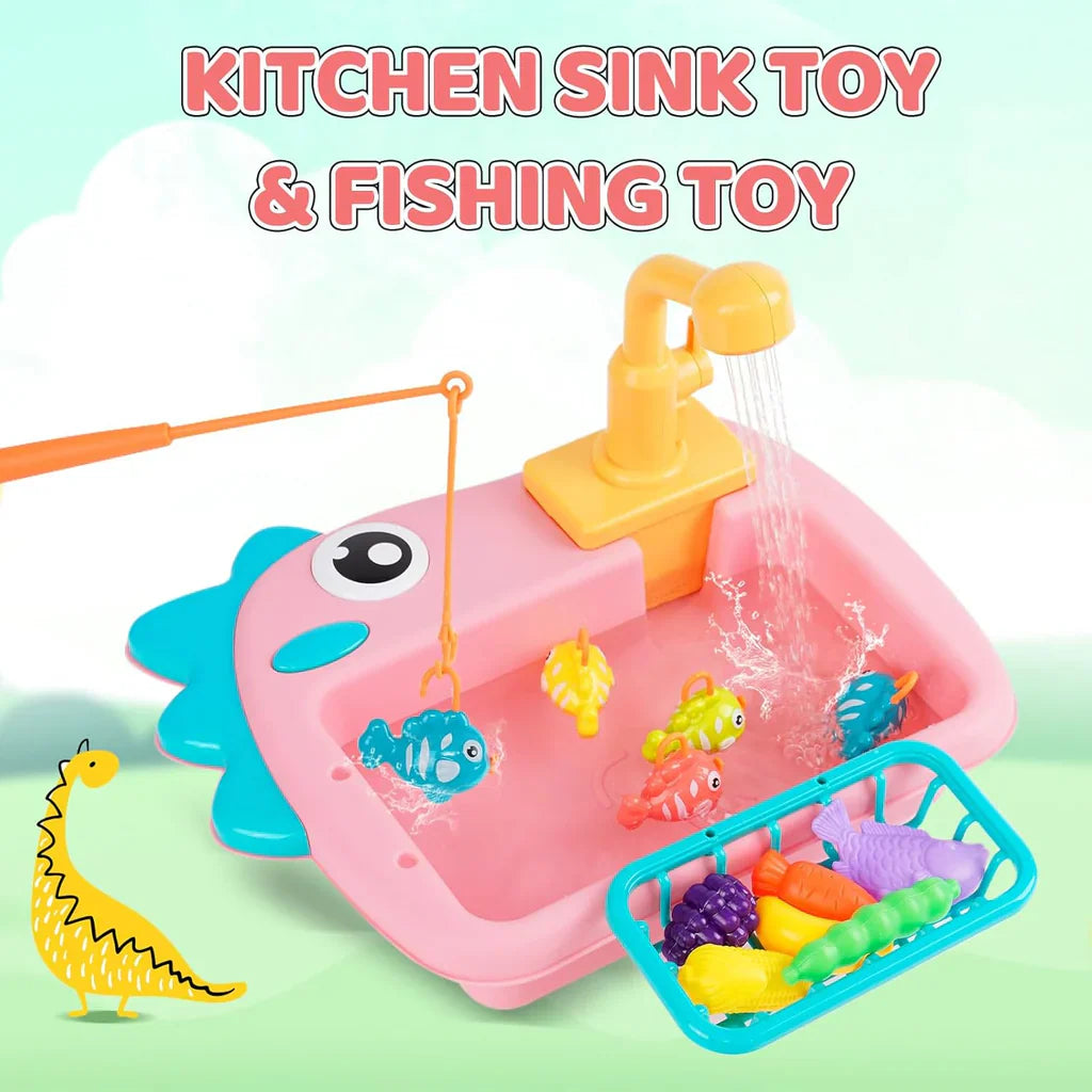 Dinosaur Kitchen Sink Playset - 2-in-1 Fishing Toy with Water Circulation