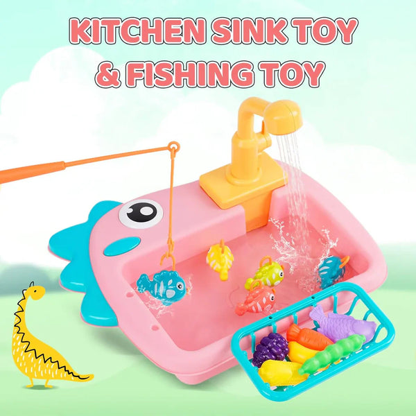 Dinosaur Kitchen Sink Playset - 2-in-1 Fishing Toy with Water Circulation