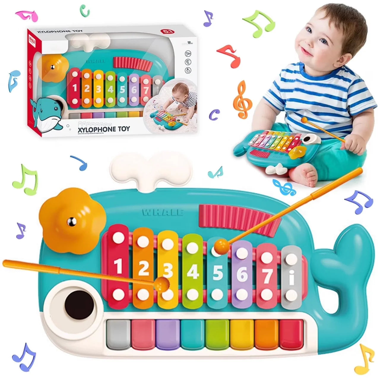2-in-1 Musical Whale Toy - Baby Piano & Xylophone Educational Instrument Set