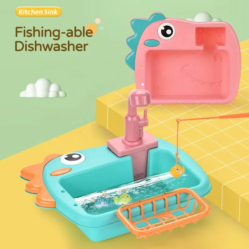 Dinosaur Kitchen Sink Playset - 2-in-1 Fishing Toy with Water Circulation