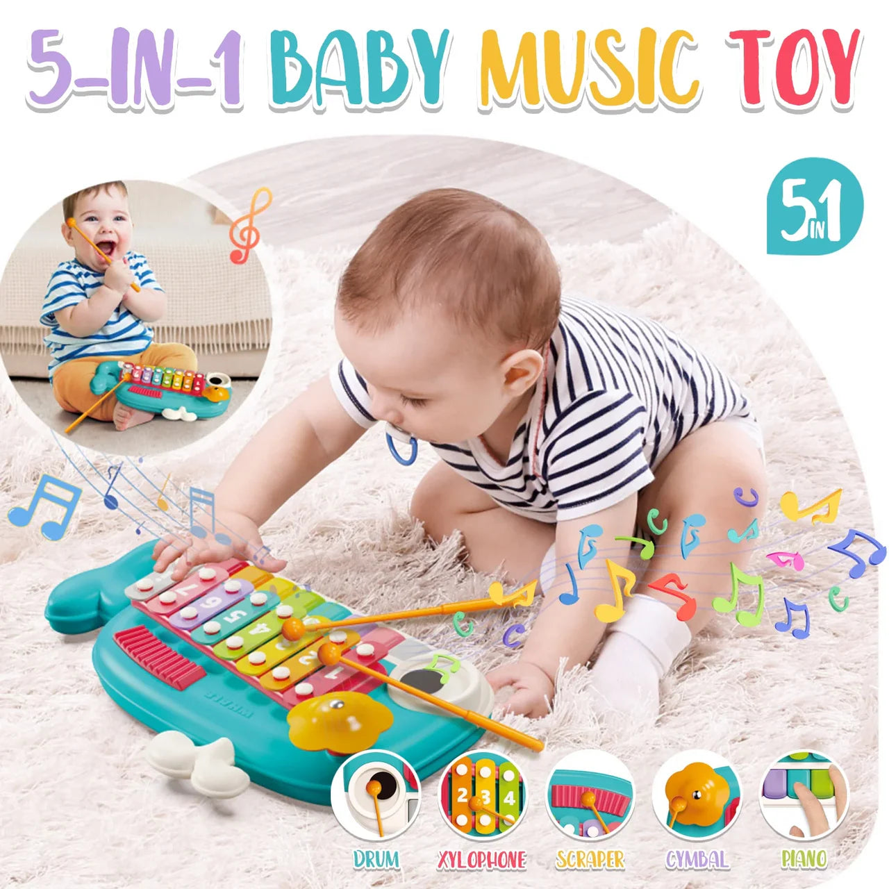 2-in-1 Musical Whale Toy - Baby Piano & Xylophone Educational Instrument Set