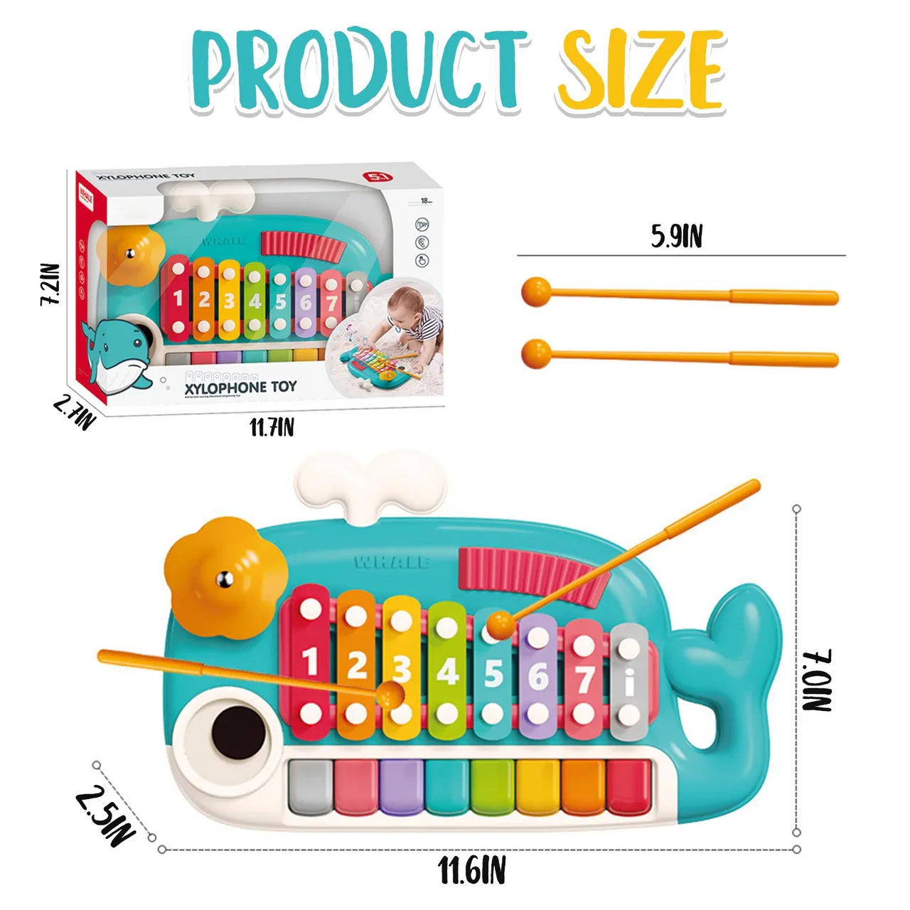 2-in-1 Musical Whale Toy - Baby Piano & Xylophone Educational Instrument Set