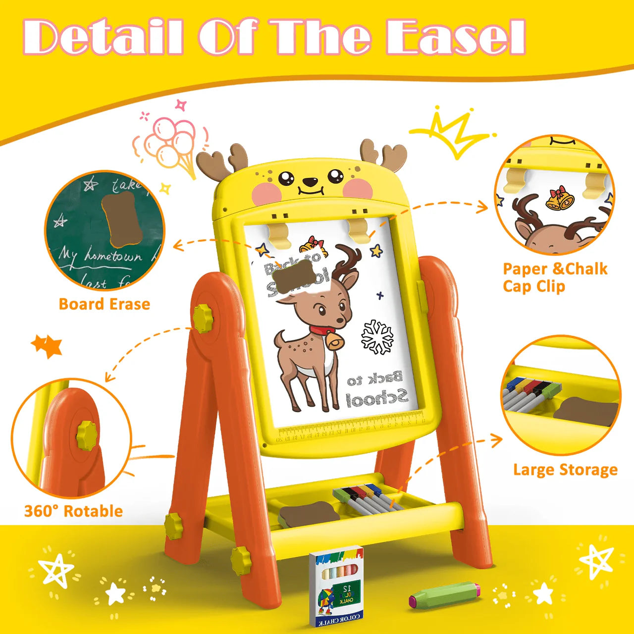 Deer-Shaped Magnetic Easel Board - 2-in-1 Whiteboard & Chalkboard for Kids