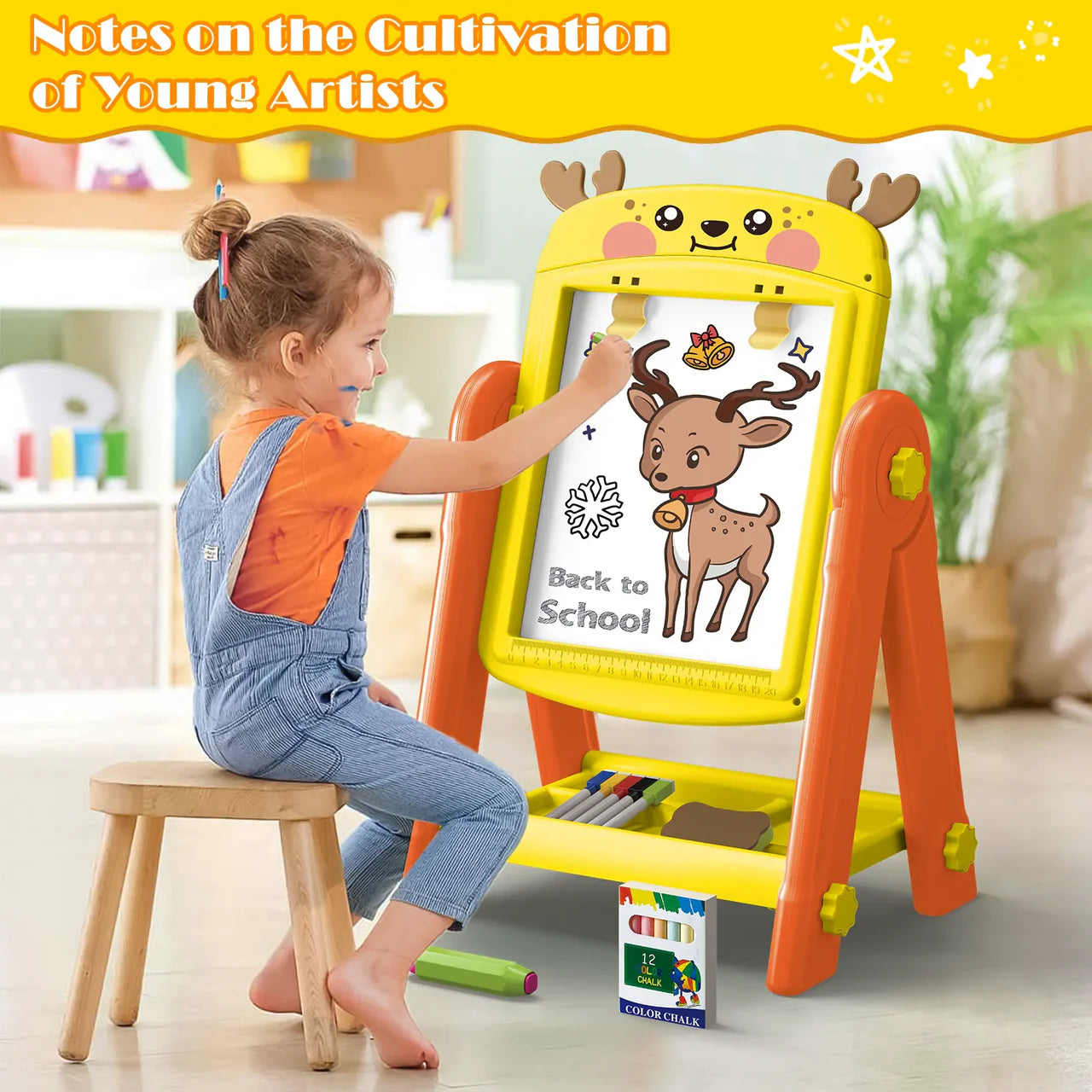 Deer-Shaped Magnetic Easel Board - 2-in-1 Whiteboard & Chalkboard for Kids