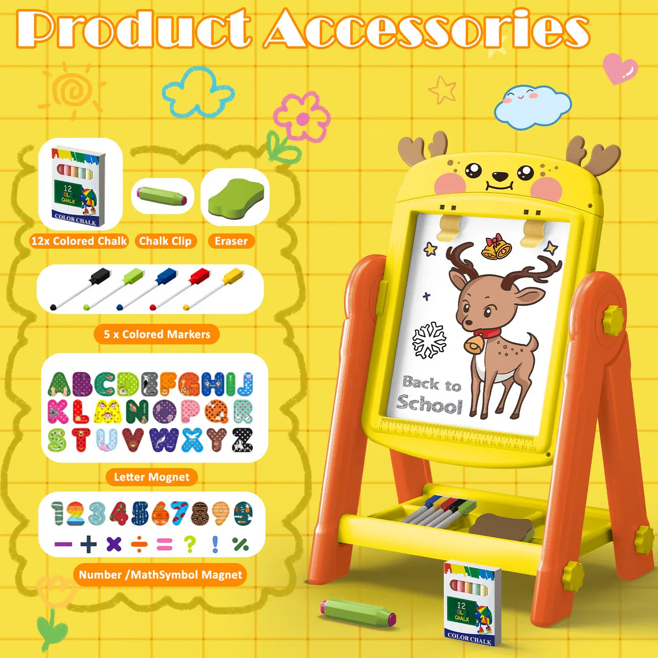 Deer-Shaped Magnetic Easel Board - 2-in-1 Whiteboard & Chalkboard for Kids