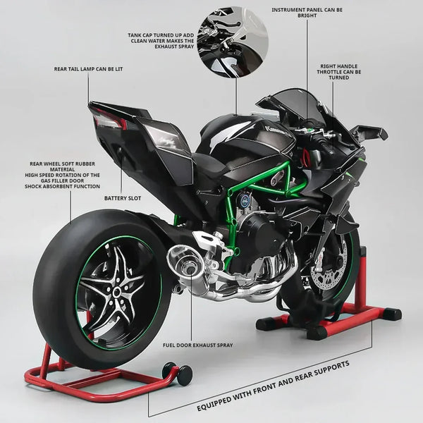 1:6 Scale Kawasaki Ninja H2R Die-Cast Motorcycle - Alloy with Smoke Effect & Lights