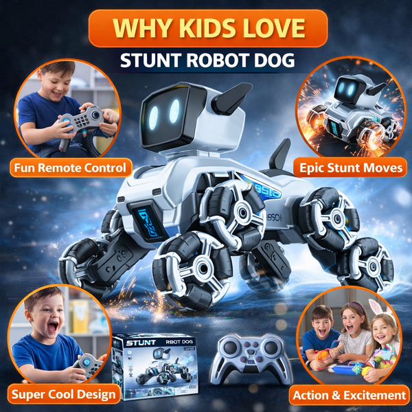 Remote & Watch Control Stunt Robot Dog - RC Spray Dog with 8-Wheel Drive